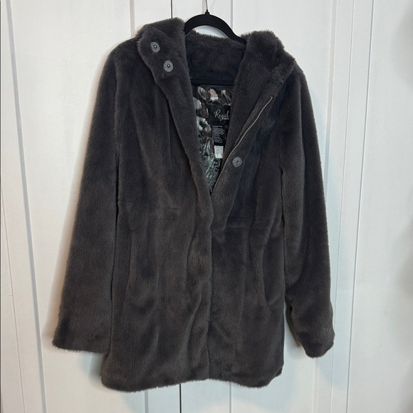 Regal Grey Faux Fur Coat - hooded - with pockets - animal print lining - XS-Med - Picture 1 of 11